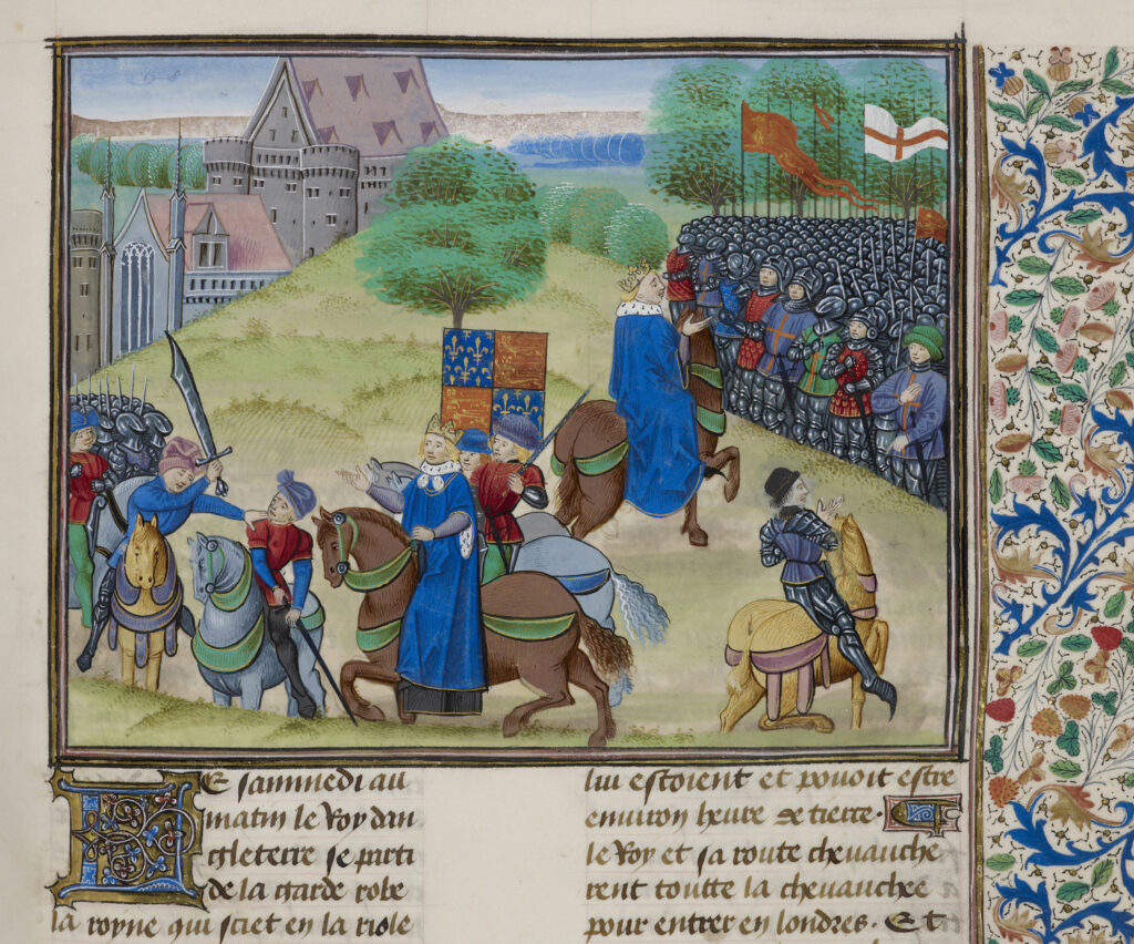 The death of Wat Tyler at Smithfield, 1381 — Froissart's Chronicles, Book II, f.175 (British Library, Royal MS 18 E I)