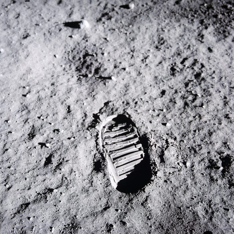 Astronaut bootprint pressed into the lunar soil, photographed during the Apollo 11 mission, 1969
