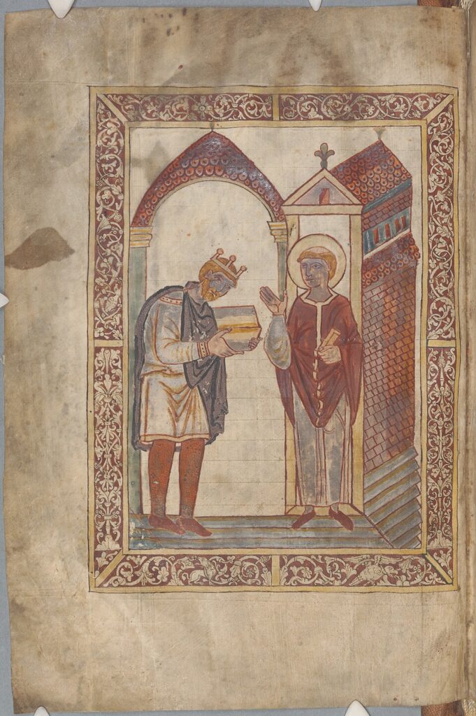 Frontispiece of Bede's Life of St Cuthbert showing King Æthelstan presenting the book to the saint, circa 930