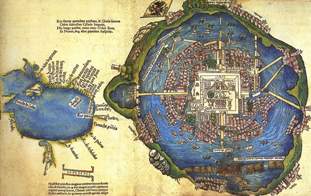 1524 map of Tenochtitlan and the Gulf of Mexico published with the Latin edition of Hernán Cortés's Second Letter